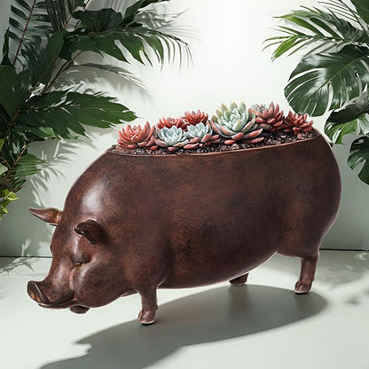 Cape Craftsmen Beautiful Springtime Classic Resin Pig Shaped Statue and Planter Pots for Indoor Plants - 14 x 5 x 6 Inches Small Planter Decoration for Homes, Apartments, Yards and Gardens