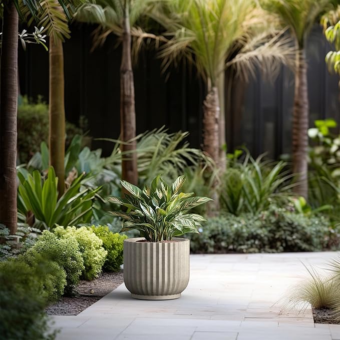 Kante Round Fulted Planter, 14 Inch Dia Large Concrete Plant Pots with Drainage Hole and Rubber Plug, Modern Decor for Indoor Outdoor Plants, Flower, Weathered Concrete