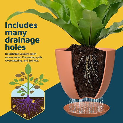 Terracotta Plant Pots with Drainage Holes & Saucers 3 Pack, Indoor & Outdoor Stackable Space-Saving Planters for Houseplants & Flowers, (7", 6.7", and 6" Inches), Durable & Weatherproof Materials