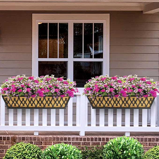 4 Pack 24 Inch Window Boxes Planters for Outdoor Plants Railing Planter Box with Adjustable Brackets for Windowsill Porch Fence Patio Hanging Flower Coco Baskets for Outside Decoration - Black