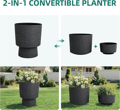 16.75"H Urn-Style Tall Planters, 2-Pack Modern Large Flower Pots for Outdoor Indoor, 2-in-1 Design Plant Containers for Garden Patio Yard Balcony Porch or Home Decor, White Terrazzo, UV-Protect