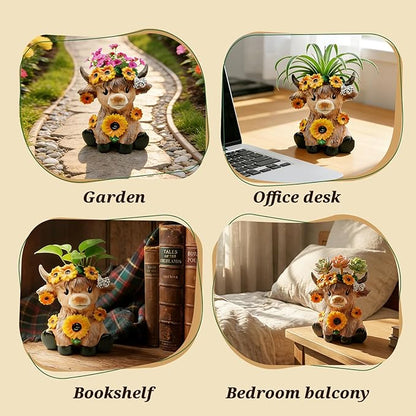 Highland Cow Planter, 4.3 Inch Resin highland cow figurine, Animal Pots With Drain, Cute Cow Planter Pots,Storage Containers For Outdoor Indoor Backyard Balcony Planters Home Garden Decor Gifts