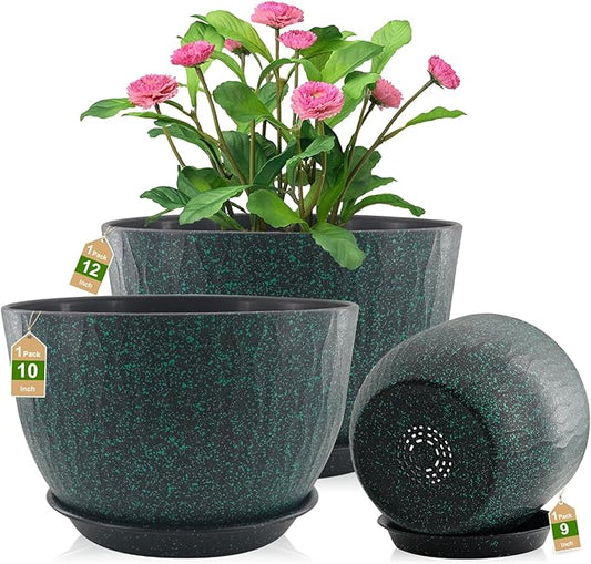 12/10/9 inch Plant Pots, 3 Pack Flower Pots for Outdoor Indoor Garden Plants, Large Planters with Multi Mesh Drainage Holes and Saucer (Black with Green Speckles, 12"+10"+9")