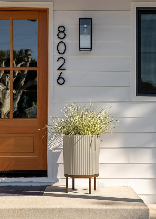 Veradek Demi Series Round Planter w/Stand for Porch/Patio | Durable Plastic-Stone Composite & Wooden Stand | Modern Décor for Tall Plants, Flowers