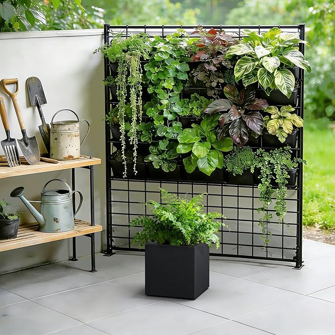 Kante 10 Inch Square Concrete Planter for Outdoor Indoor Home Patio Garden, Large Plant Pot with Drainage Hole and Rubber Plug, Black