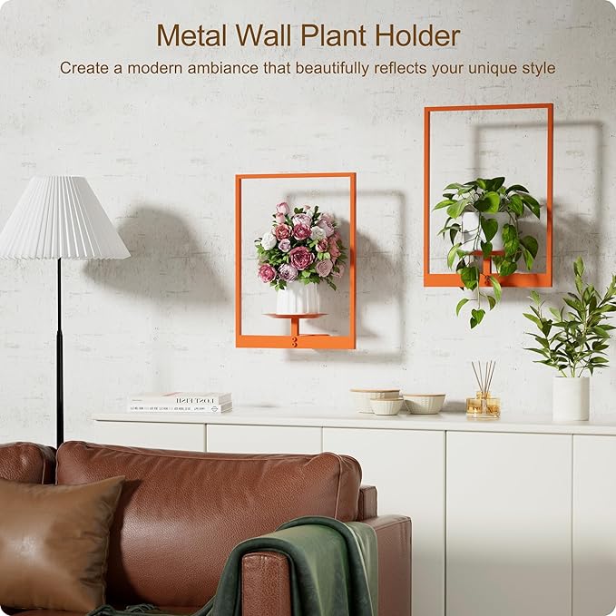 Orange Metal Wall Plant Holder - 3-Pack Wall Mounted Plant Stands and Hanging Holders for Indoor Planter and Flower Pot -Rectangle Decor Shelf for Plant Storage (Pot Not Included)