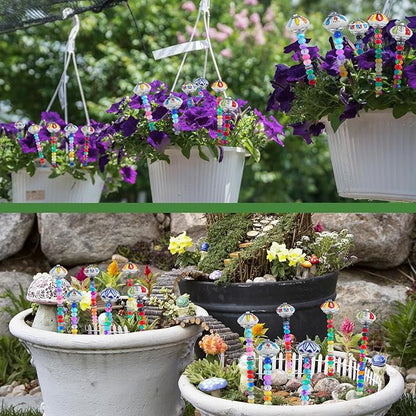 Tigeen 236 Pcs Garden Stake DIY Fairy Wand Plant Stake with 12 Colorful Crystal Stopper Top 12 Threaded Rod with 200 Large Hole Bead for Spring Summer Holiday Outdoor Decorations(Mushroom and Pumpkin)