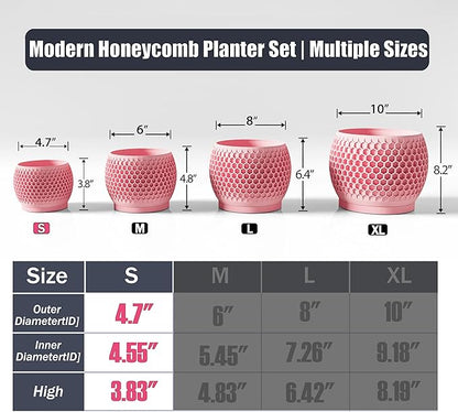 Plant Pots, Modern 3D Printed Honeycomb Planters for Indoor Plants, 4.7 Inch Cherry Pink Decorative Flower Pot for Office Desktop, Bookshelf & Home Decor, Lightweight & Durable.