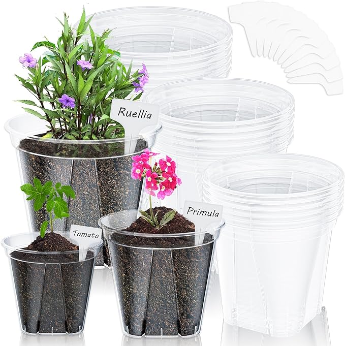 18 Pack Clear Nursery Pots for Plants, 5.5/5.9/6.3 Inch Reinforced Plastic Plant Pots with Drainage Holes High Transparency Plant Pot Seed Starter Pot High Transparency with 10 Plant Labels