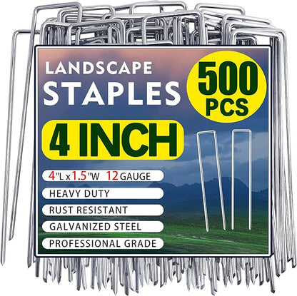 500 Pack Landscape Staples 4 Inch Garden Stakes Galvanized Garden Staples Pins Anti-Rust Ground Stakes for Weed Barrier, Irrigation Tubing, Landscaping Fabric, Yard Lawn