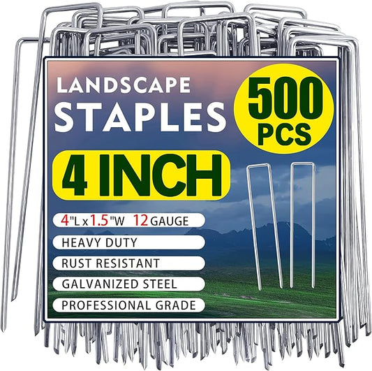 500 Pack Landscape Staples 4 Inch Garden Stakes Galvanized Garden Staples Pins Anti-Rust Ground Stakes for Weed Barrier, Irrigation Tubing, Landscaping Fabric, Yard Lawn