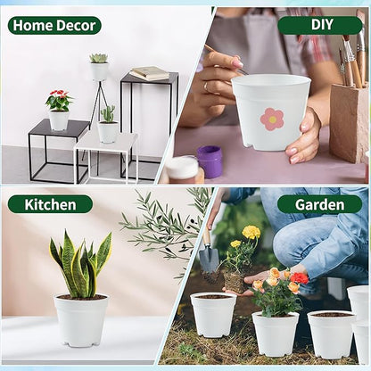 14 Pack 4 Inch Plant Pots, Small Plastic Flower Pots with Drainages and Saucers, Easy Plant Stackable & Reusable Nursery Decorative Garden Planters Pots for Home Indoor or Outdoor Plants, White