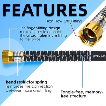 5/8 IN. × 5FT. Flexible Hybrid Rubber Garden Hose, High Flow 5/8" I.D. No Memory Durable Lightweight Water Hose Leader Hose for Watering, Irrigation, Water Transfer Pump