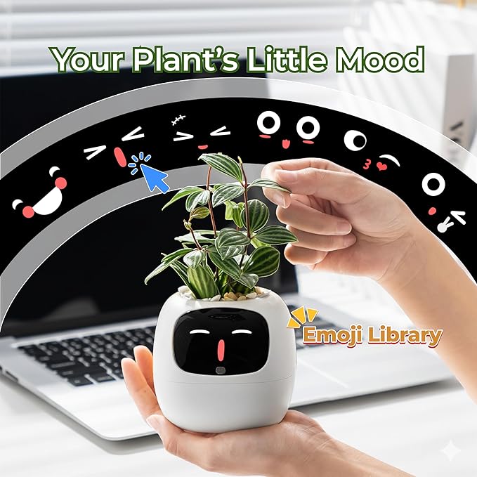 Ivy AI Smart Plant Pot with Emoji Intelligent Planter Robot for Houseplants Tamagotchi Flower Pot Stylish Plantagotchi Home Decor(Ivory)