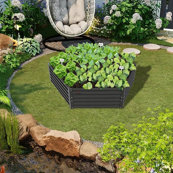 A ANLEOLIFE 3 Set Hexagon Galvanized Raised Garden Beds Outdoor,70x60x18in Metal Planter Box for Planting Vegetables Flowers Herb, Anti-Rust & Easy-Setup, Quartz Grey