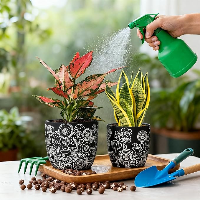 Terracotta Pots, 6.5+5+4.4 Inch Plant Pots with Drainage Hole- Floral Pattern, Black Boho Ceramic Planters for Indoor Plants, Flower Pots Indoor Succulents, Herbs Plants,Set of 3