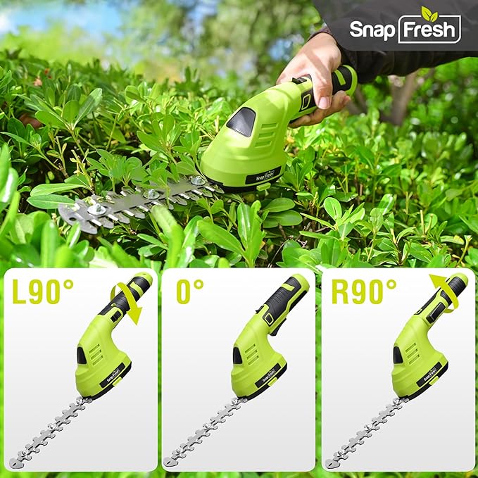 SnapFresh Hedge Trimmer Cordless Grass Shear, 2 in 1 8V Electric Grass Clipper and Hedge Shears with Rotating Head, Handheld Bush Trimmer/Grass Cutter/Shrub Trimming with Battery for Garden & Lawn