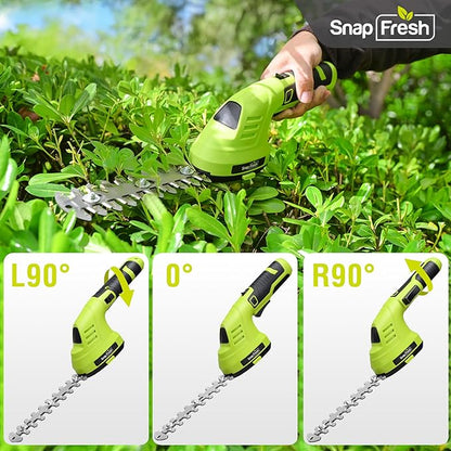 SnapFresh Hedge Trimmer Cordless Grass Shear, 2 in 1 8V Electric Grass Clipper and Hedge Shears with Rotating Head, Handheld Bush Trimmer/Grass Cutter/Shrub Trimming with Battery for Garden & Lawn