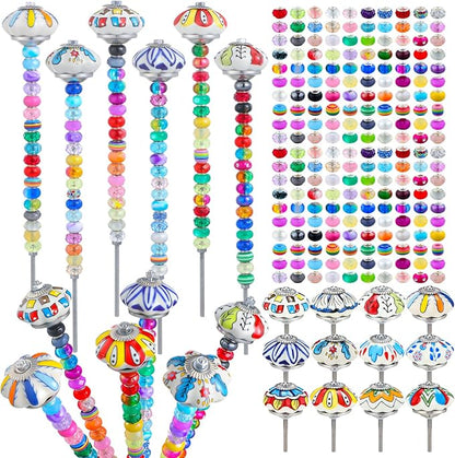 Tigeen 236 Pcs Garden Stake DIY Fairy Wand Plant Stake with 12 Colorful Crystal Stopper Top 12 Threaded Rod with 200 Large Hole Bead for Spring Summer Holiday Outdoor Decorations(Mushroom and Pumpkin)