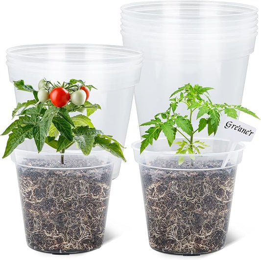 GREANER 10 Packs 8 Inch Plant Pots, Clear Nursery Pots for Plants, Plastic Seedling Pots with Drainage Holes, High Transparency Flower Seed Starter Pot with Bonus 20 Plant Labels