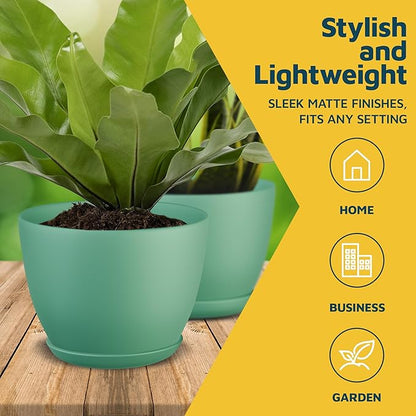 Planter Pots with Drainage Holes - Lightweight, Durable, & Space-Saving Pots for Indoor and Outdoor - Versatile Functionality, Simple Modern Design, Set of 5 Plastic Planter Pots Mint