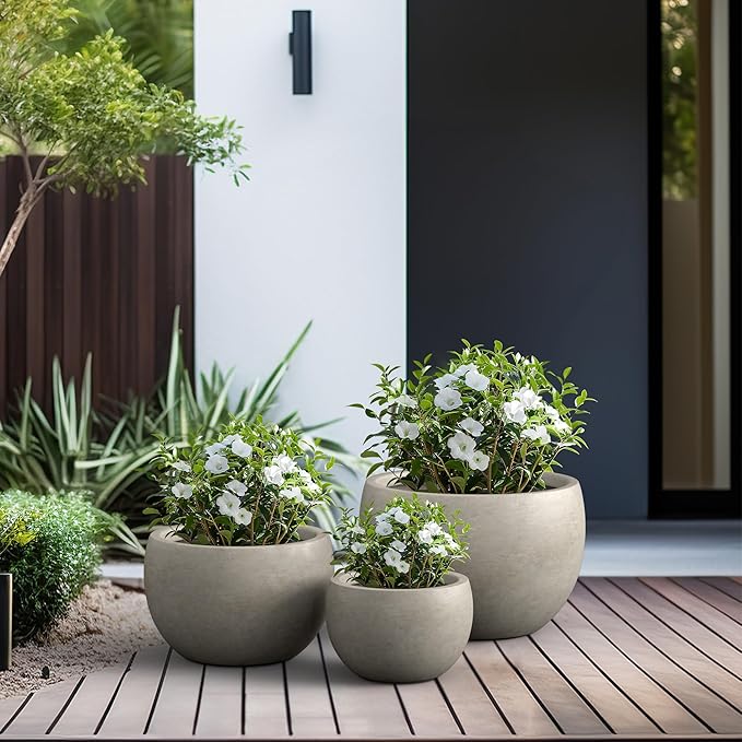 Kante 19.9",15.7",11.8" Dia Round Concrete Planter Set of 3, Outdoor/Indoor Large Bowl Plant Pots with Drainage Hole and Rubber Plug for Garden Patio Balcony Home, Weathered Concrete