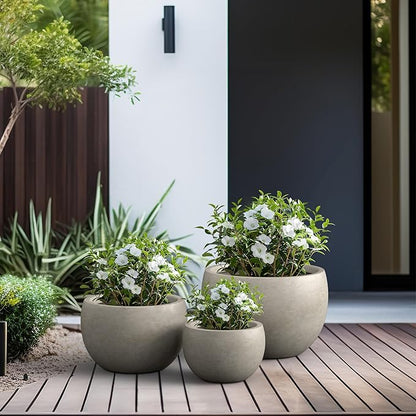 Kante 19.9",15.7",11.8" Dia Round Concrete Planter Set of 3, Outdoor/Indoor Large Bowl Plant Pots with Drainage Hole and Rubber Plug for Garden Patio Balcony Home, Weathered Concrete