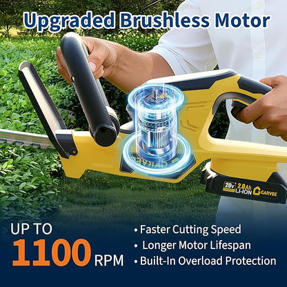 Hedge Trimmer Cordless with Battery, Electric Hedge Trimmer, 22 Inch Handheld Bush Trimmers, with 2 20V 2.0Ah Batteries and Charger, Brushless Motor, Dual Safety Switch, for Gardening, Lawns