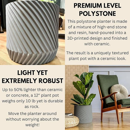 Fox & Fern Large 12 Inch Planter — Premium Polystone Gray Plant Pot with 3D Texture and Drainage Plug - 12 Inch Pots for Plants Indoor - Large Planter for Indoor & Outdoor Plants