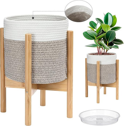Plant Basket with Stand Indoor Planter Pot Holder Sturdy Jute Rope Modern Woven Basket, Cotton Rope Woven Pot with Bamboo Stand(White and Brown,10 Inch)