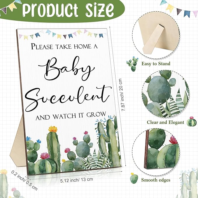 Newcotte Baby Shower Party Favors Succulent Tags Include 1 Piece Wooden Table Sign 50 Sets Succulent Plant Marker Succulent Favors Baby Shower Decoration(Cactus)