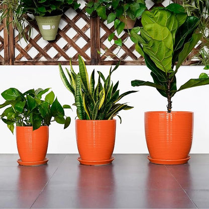 Ceramic Pots for Plants - 8 Inch Plant Pot with Drainage Hole and Saucer, Round Planter for Indoor Outdoor, Modern Flower Planters, Home Apartment Room Decor, Gardening Gifts, Orange