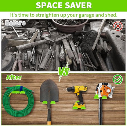 Upgraded Trimmer Rack Wall Mount - 8" Heavy Duty Weed Eater Hanger for Garage Wall Bracket, Garden Power Tool Holder Organizer Hooks for Grass Trimmer, Hedge Trimmer, Leaf Blower and Chainsaw, Green