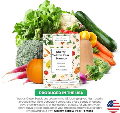 Yellow Pear Cherry Tomato Seeds – Heirloom Non-GMO Indeterminate Tomatoes for Planting Outdoors & Patio Gardens | Woods Creek Seeds
