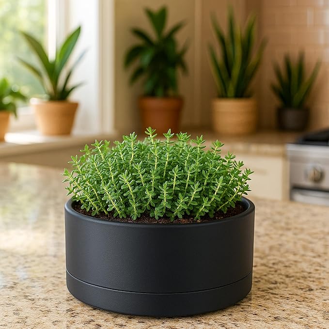D'vine Dev 8 Inch Plastic Shallow Planter, Large Round Succulent Plant Pot with Drainage Hole and Sauce, Decorative Bonsai Pot for Indoor Plants, Black, 76-Z-B-1