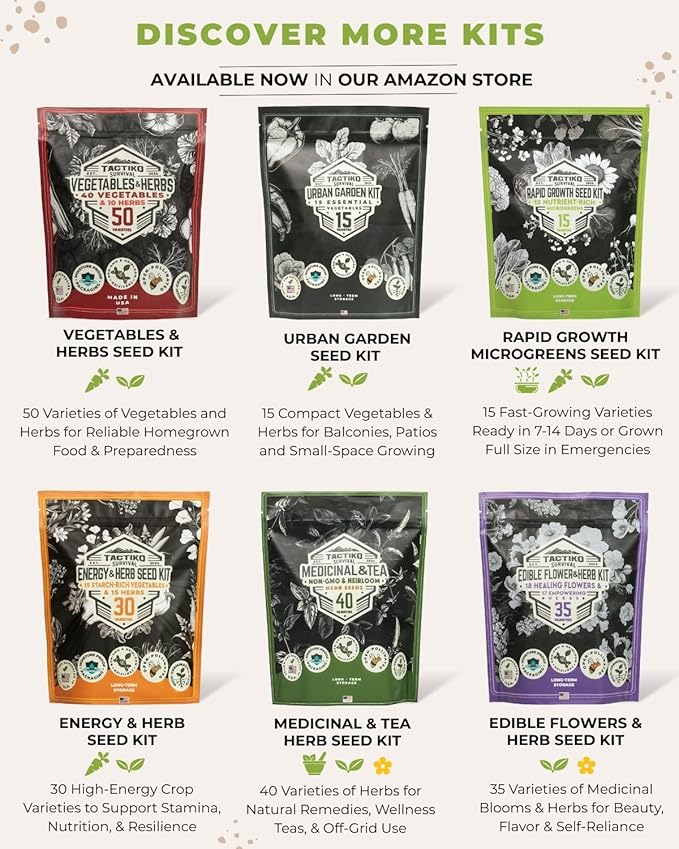 Tactiko Survival 60 Medicinal & Survival Seed Kit – Heirloom Non-GMO USA Grown Seeds for Vegetables, Herbs & Edible Flowers – Emergency Food Supply Vault - Mylar Storage - Tools - Planting Guide