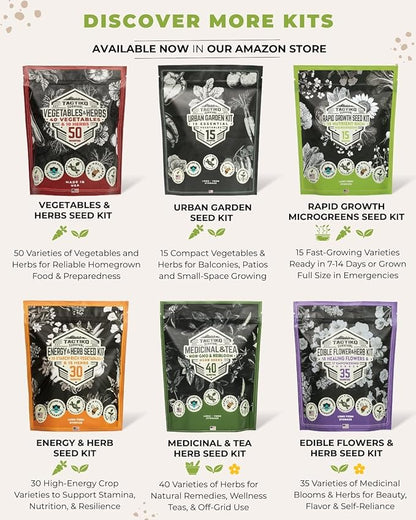 Tactiko Survival 60 Medicinal & Survival Seed Kit – Heirloom Non-GMO USA Grown Seeds for Vegetables, Herbs & Edible Flowers – Emergency Food Supply Vault - Mylar Storage - Tools - Planting Guide