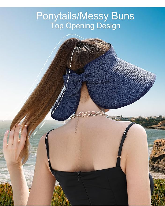 Womens Beach Straw Sun Hats Ponytail Hole Wide Brim Summer Visor Foldable Hat Sun Protection Packable for Travel Pool