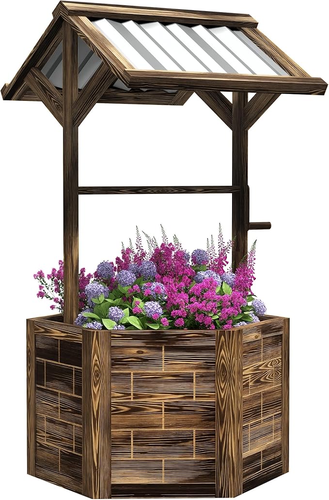 Outsunny Wooden Wishing Well Planter, Raised Garden Bed with Galvanized Canopy, Hexagon Outdoor Planter Box for Flowers, Herbs and Vegetables, Tan