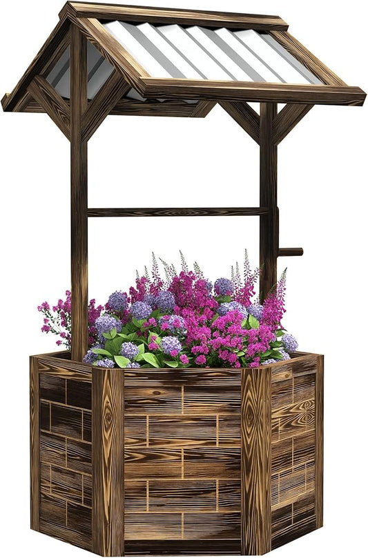 Outsunny Wooden Wishing Well Planter, Raised Garden Bed with Galvanized Canopy, Hexagon Outdoor Planter Box for Flowers, Herbs and Vegetables, Tan