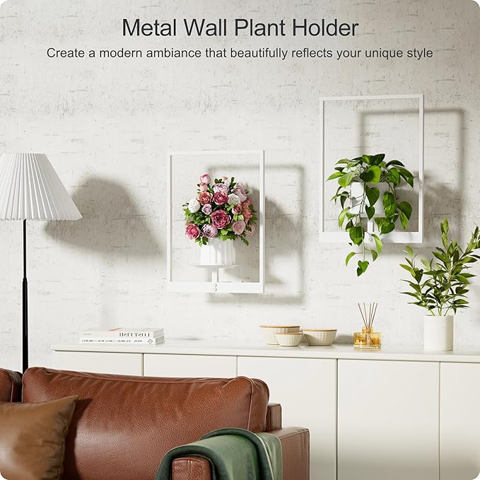White Metal Wall Plant Holder - 3-Pack Wall Mounted Plant Stands and Hanging Holders for Indoor Planter and Flower Pot -Rectangle Decor Shelf for Plant Storage (Pot Not Included)