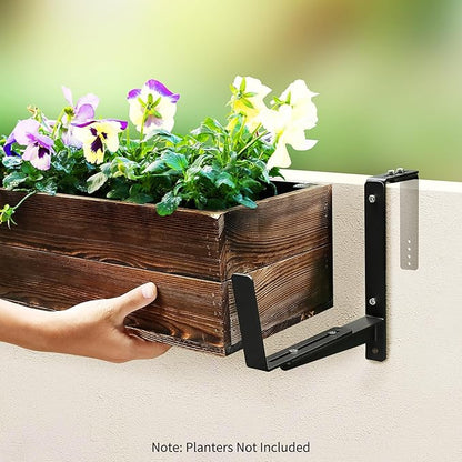 Window Box Brackets, Adjustable Planter Box Brackets, Heavy Duty Iron Flower Box Brackets for Railings, with Enhanced Bottom Support - Perfect for Balconies, Fences, and Gardens (Black, 2 Pack)