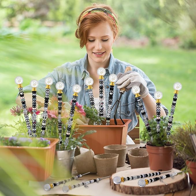 Tigeen 236 Pcs Garden Stake DIY Fairy Wand Plant Stake with 12 Colorful Crystal Stopper Top 12 Threaded Rod with 200 Large Hole Bead for Spring Summer Holiday Outdoor Decorations(Dark Witchy)