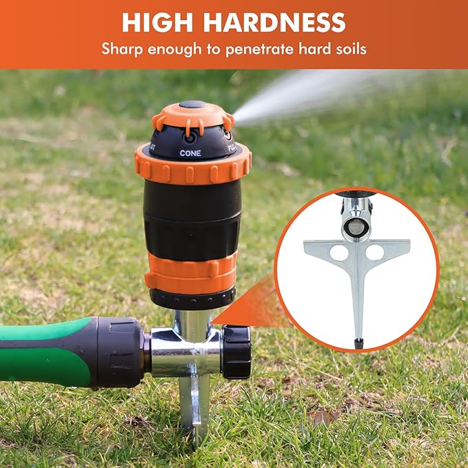 [2 Pack] RESTMO Gear Drive Sprinkler with Metal Spike Base, 5-Pattern Heavy Duty Gardening Watering System, Multi-Adjustable Lawn Sprinkle for Garden Plant, Flower Bed and Large Yard Area, Orange