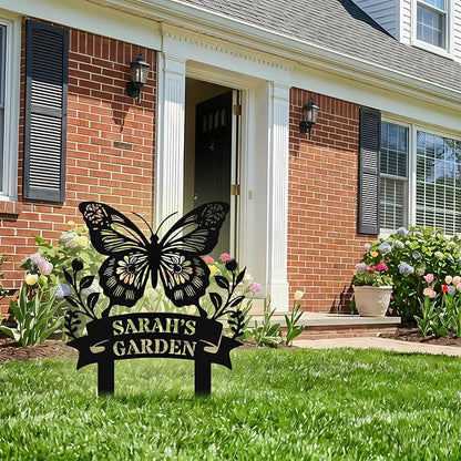 Custom Metal Butterfly Garden Sign with Stake, Personalized Garden Signs for Outside, Customized Garden Name Signs for Yard Lawn Outdoor Decor Gardening Gifts for Moms Grandmas Gardeners