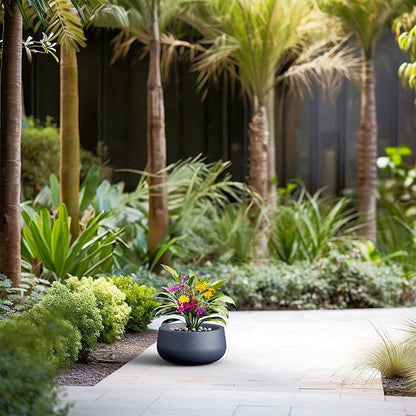 Kante 11.8" Dia Round Concrete Planter, Cement Plant Pots with Drainage Hole and Rubber Plug for Outdoor Indoor Garden Home, Modern Curvaceous Design, Dark Gray