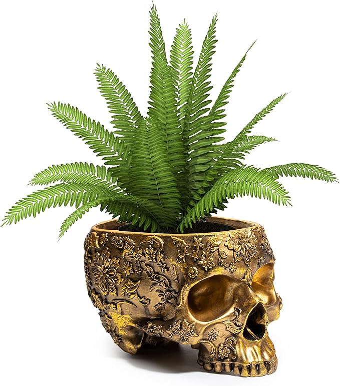 Gold Skull Planter Pot 6 Inch Skeleton Head Pot for Succulents Flowers, & Bowl Dish Gothic Decor for Garden Home Parties Haunted House Spooky Black Display Halloween Skull Flower Pot Decoration Gift