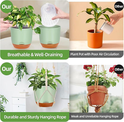 2-Pack 7.2-Inch Self-Watering Hanging Planters for Indoor & Outdoor Plants,34-Inch macrame hanger plant pots indoor with drainage,Small Hanging Planters & Baskets in Green,With two sets of hooks