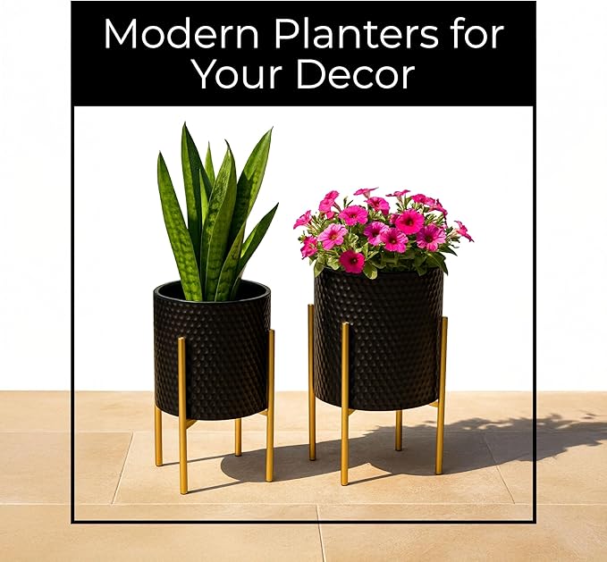 Decorative Flower Pots with Metal Stand for Home Decor - Modern Planters for Hallway, Entryway, and Living Room Decor - Indoor and Outdoor Pots for Plants - Set of 2, 23", 19", Black & Gold