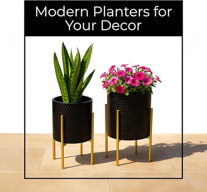 Decorative Flower Pots with Metal Stand for Home Decor - Modern Planters for Hallway, Entryway, and Living Room Decor - Indoor and Outdoor Pots for Plants - Set of 2, 23", 19", Black & Gold